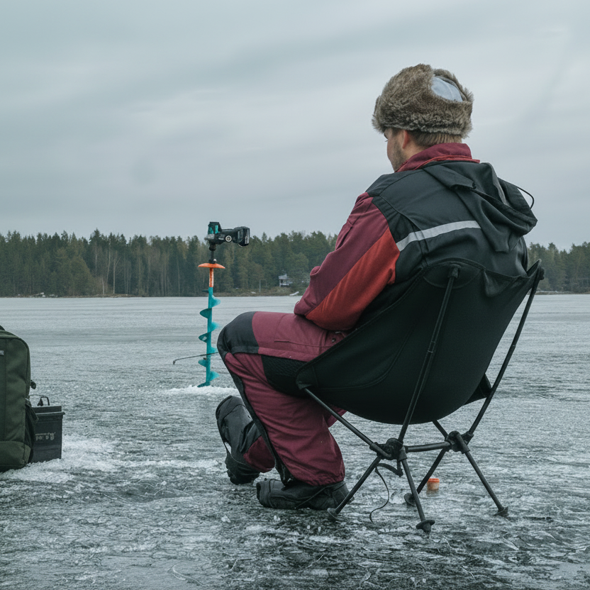 Person ice fishing on a frozen lake with a chair and equipment.