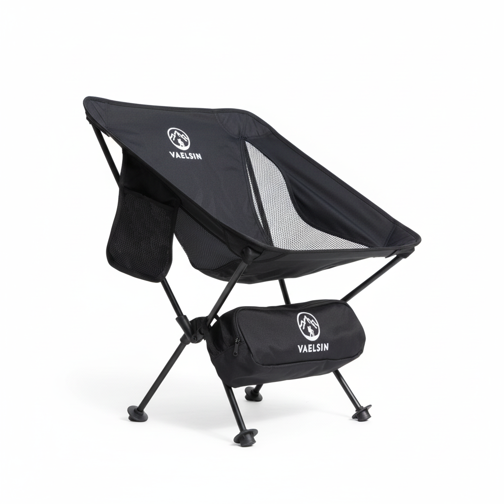 Black camping chair with carrying bag on a white background