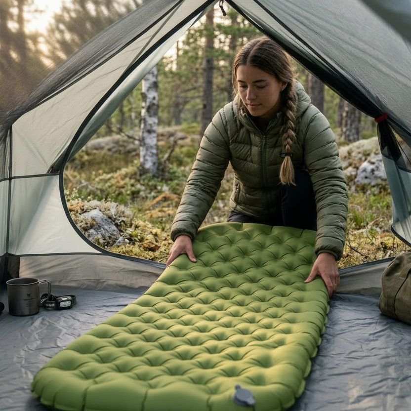 Person setting up a green camping mattress inside a tent in a forest setting