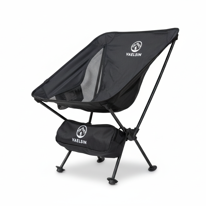 Black camping chair with carrying bag on a white background, featuring Vaelsin logo.