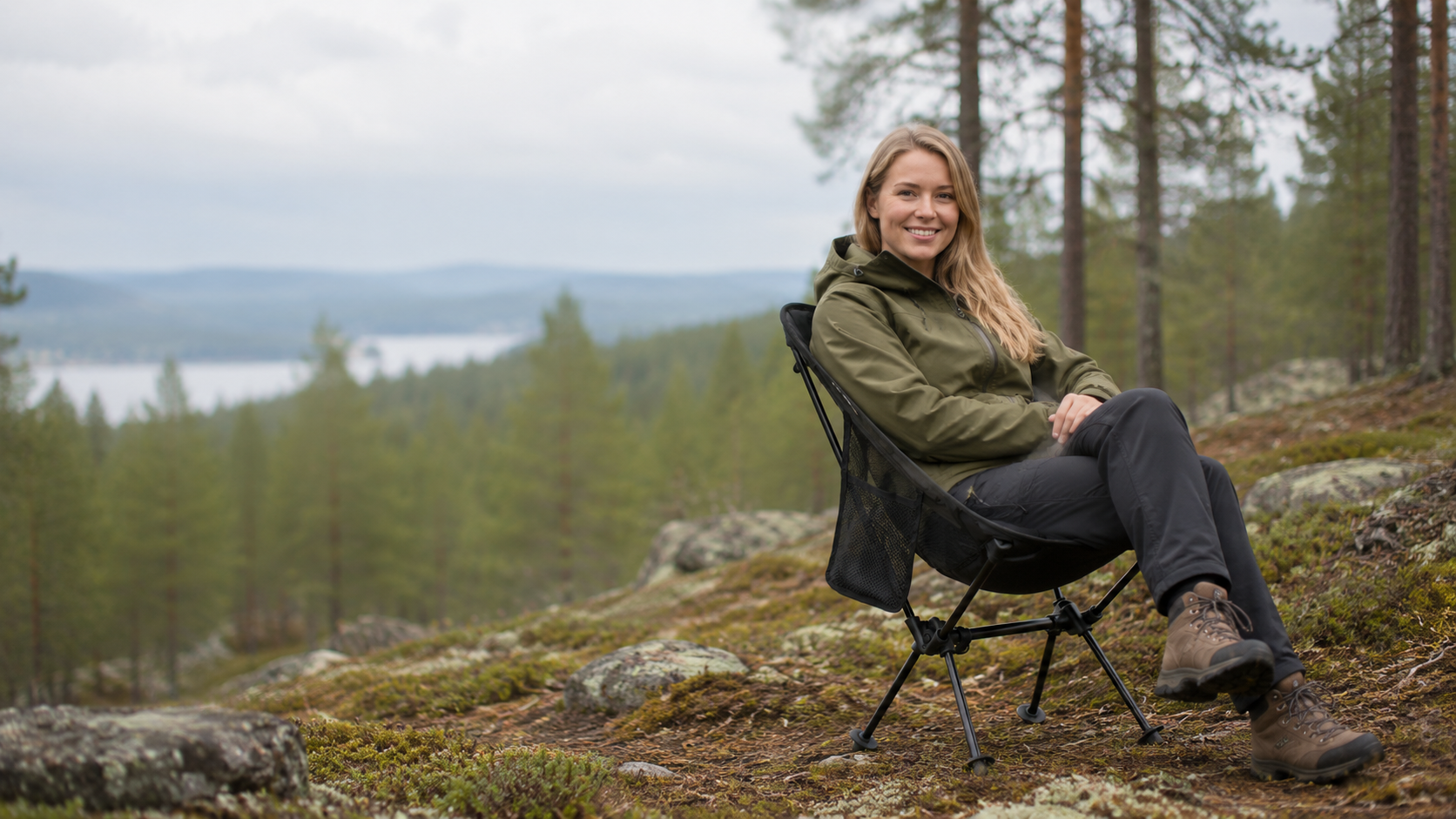 Woman sitting on a camping chair in a forested area with a lake in the background