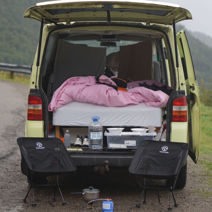 Van with open trunk showing camping setup with pink blanket and chairs on a road trip.
